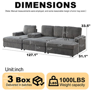 English Elm Corduroy minimalist coffee table conversion sofa set with cup grooves, recliner comfort and L-shaped layout for hosting Grey W834S00548