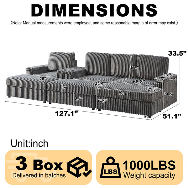 English Elm Corduroy minimalist coffee table conversion sofa set with cup grooves, recliner comfort and L-shaped layout for hosting Grey W834S00548