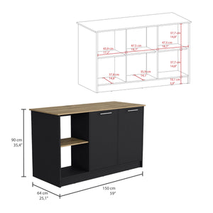 English Elm Juniper Kitchen Island with Spacious 59" Worktop, Double-Door Storage and Open Shelving for Cooktops Black + Dark Walnut 64 L x 29 W x 3 H B200S00396