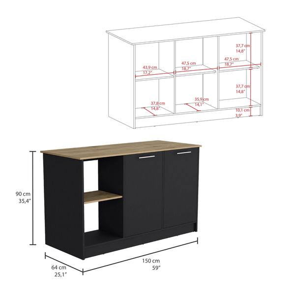 English Elm Juniper Kitchen Island with Spacious 59" Worktop, Double-Door Storage and Open Shelving for Cooktops Black + Dark Walnut 64 L x 29 W x 3 H B200S00396