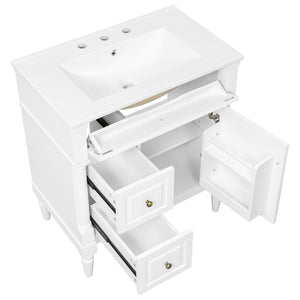 English Elm 30" Freestanding Bathroom Vanity Rubberwood Frame Ceramic Sink Flip Drawer Storage White N725P356062K