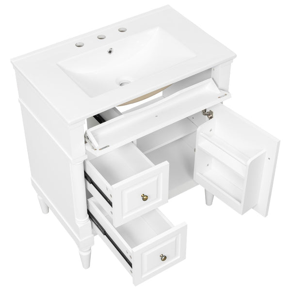 English Elm 30" Freestanding Bathroom Vanity Rubberwood Frame Ceramic Sink Flip Drawer Storage White N725P356062K