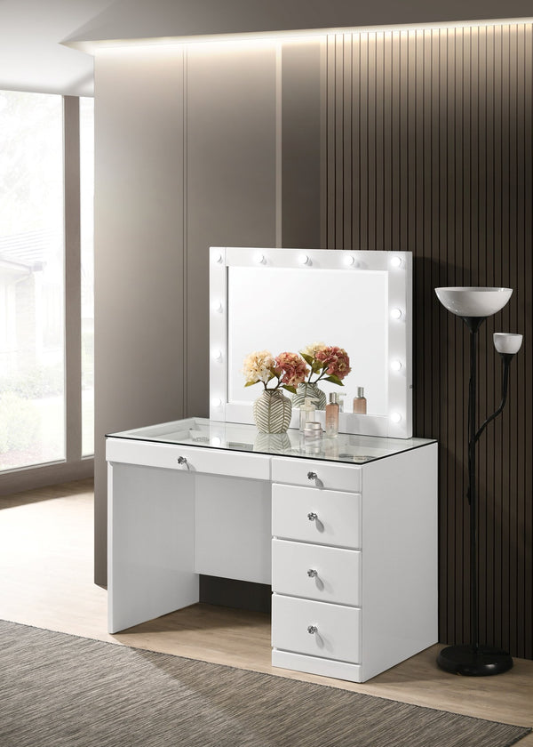English Elm 2pc Vanity Set with LED Lighted Mirror Glass Top, 5 Drawers with Crystal Knobs and Stool White 46.97 L x 25.87 W x 2 H B2741S00140