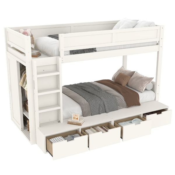 English Elm Twin Triple Bunk Bed Metal L-shaped Frame Sleeps Three Kids White Finish Ivory W1580S00643