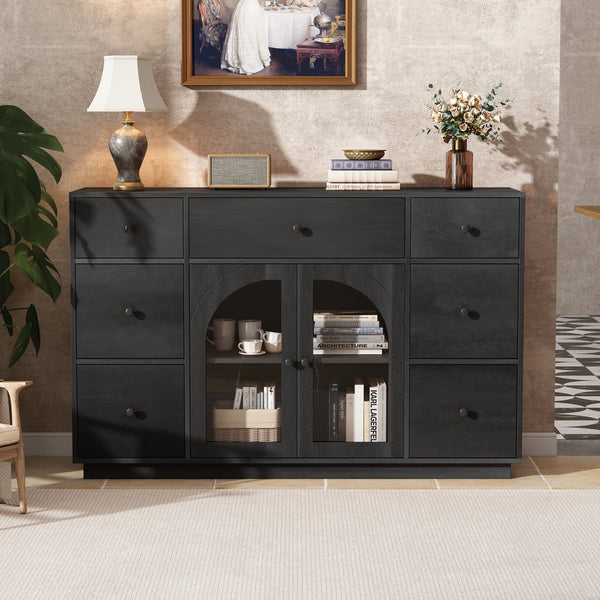 English Elm Christopher Knight Home® - Cabinet roomy storage console with 2 doors, 7 drawers, glass accents and manufactured wood build, large Black N780P330601B