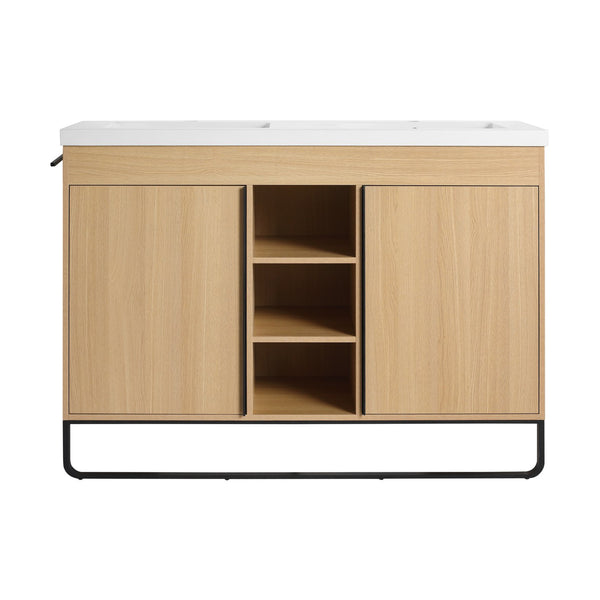 English Elm 48" Freestanding Bathroom Vanity With Resin Double Sink, Soft-Close Doors & Open Storage For Modern Style W999S00479
