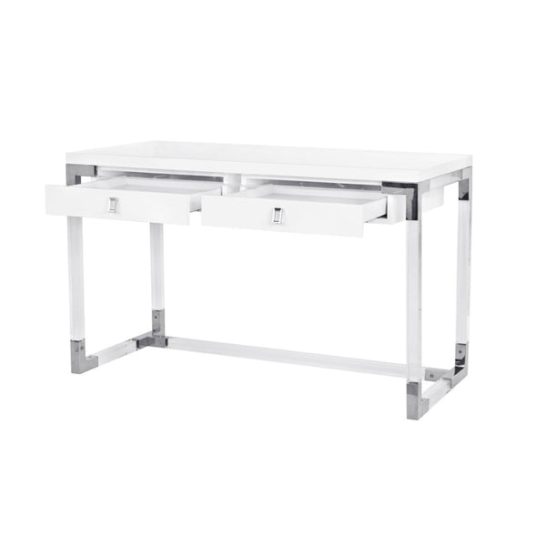 Pasargad Home Firenze Lacquer & Lucite Desk – Modern White Workspace With Storage Drawers White Lacquer & Lucite Re-3535