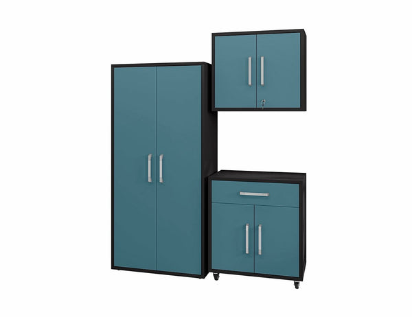 Manhattan Comfort Eiffel Modern Garage Set of 3 Matte Black and Aqua Blue 3-255BMC83