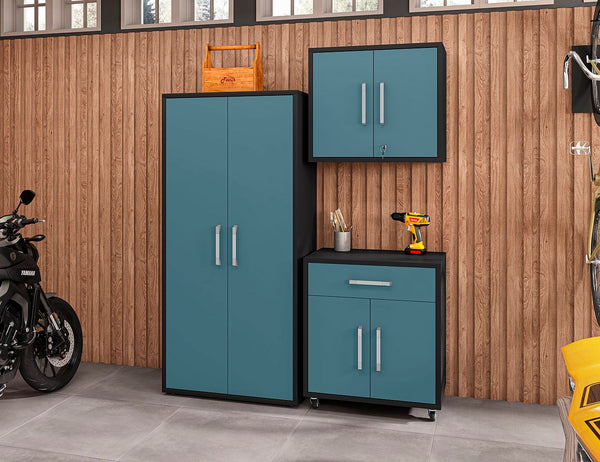 Manhattan Comfort Eiffel Modern Garage Set of 3 Matte Black and Aqua Blue 3-255BMC83