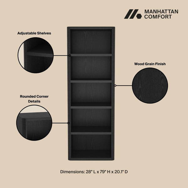 Manhattan Comfort Rivington Modern 5-shelf Bookcase - Elevate Your Space With Elegant Design And Functional Style Black Mdp 3-bc003-bk