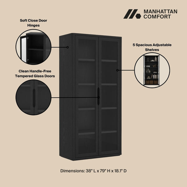 Manhattan Comfort Rivington Modern Bookcase Cabinet - Sleek 5-shelf Design For Stylish Storage In Any Room Black Mdp 3-bc005-bk