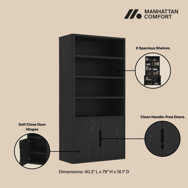 Manhattan Comfort Rivington Modern Bookcase Cabinet - Sleek 5-shelf Design For Stylish Storage In Any Room Black Mdp 3-bc006-bk