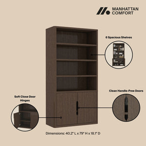 Manhattan Comfort Rivington Modern Bookcase Cabinet - Sleek 5-shelf Design For Stylish Storage In Any Room Walnut Mdp 3-bc006-br