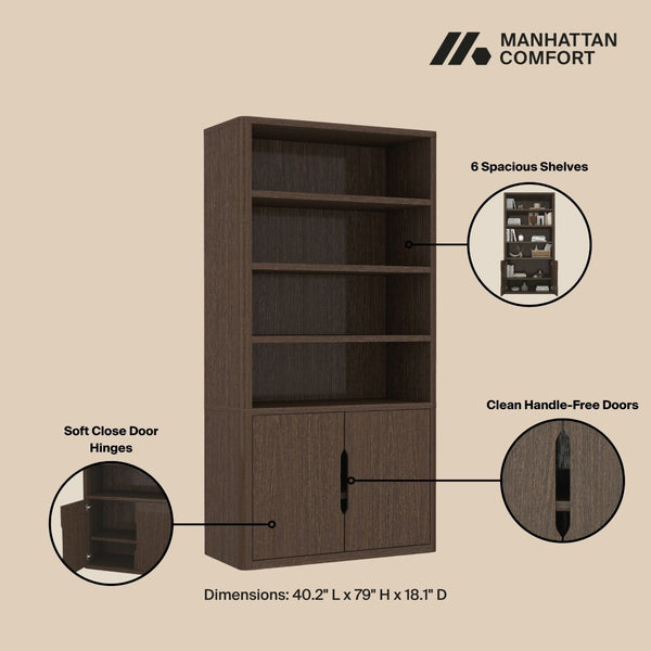 Manhattan Comfort Rivington Modern Bookcase Cabinet - Sleek 5-shelf Design For Stylish Storage In Any Room Walnut Mdp 3-bc006-br