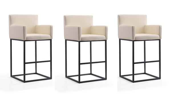 Manhattan Comfort Ambassador Mid-Century Modern Bar Stool (Set of 3) Cream and Black 3-BS017-CR