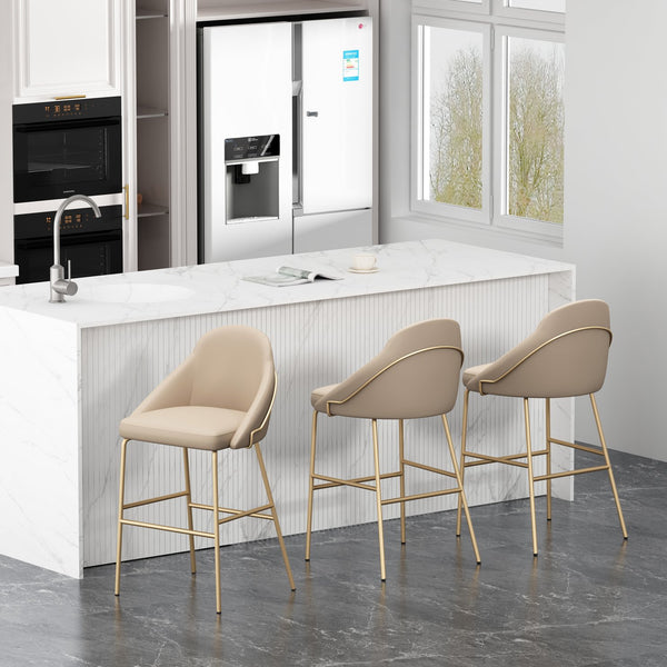 Manhattan Comfort Gracie Leatherette Barstool With Sculpted Curves And Steel Legs For Elegant Dining Spaces Tan And Gold Steel 3-bs022-gtn