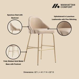 Manhattan Comfort Gracie Leatherette Barstool With Sculpted Curves And Steel Legs For Elegant Dining Spaces Tan And Gold Steel 3-bs022-gtn