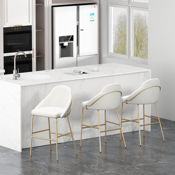 Manhattan Comfort Gracie Leatherette Barstool With Sculpted Curves And Steel Legs For Elegant Dining Spaces White And Gold Steel 3-bs022-gwh