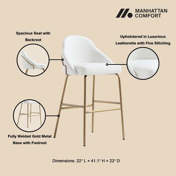Manhattan Comfort Gracie Leatherette Barstool With Sculpted Curves And Steel Legs For Elegant Dining Spaces White And Gold Steel 3-bs022-gwh