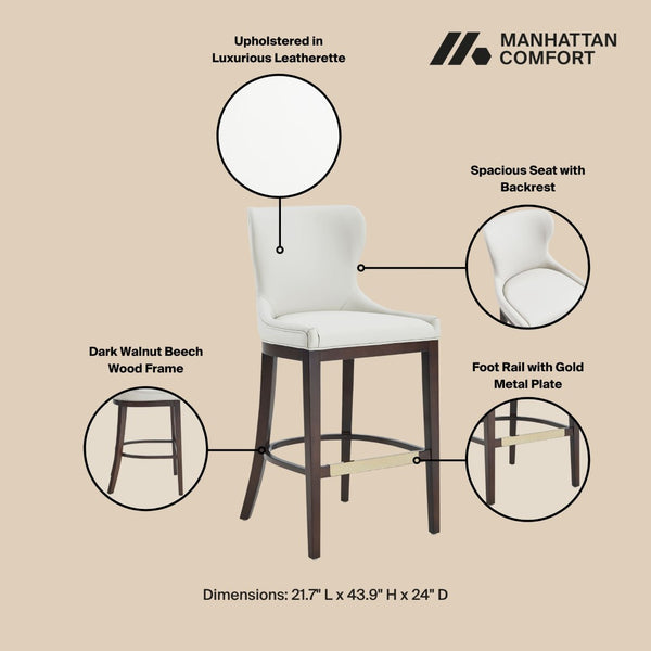 Manhattan Comfort Blair Leatherette Barstool Set Of 3 With Stylish Beech Wood Legs And Elegant Gold Footrest White Beech Wood 3-bs023-wh