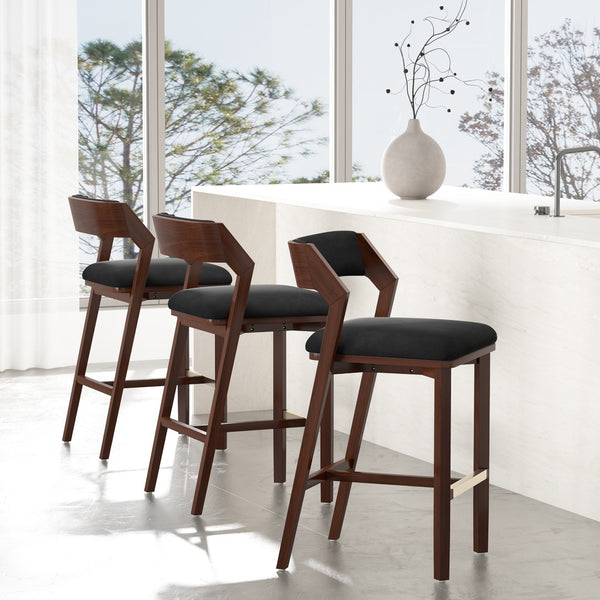 Manhattan Comfort Patricia Velvet Barstool Set Of 3 - Luxurious Comfort With Beech Wood Legs And Glamorous Design Black Beech Wood 3-bs026-bk