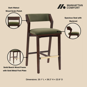 Manhattan Comfort Patricia Velvet Barstool Set Of 3 - Luxurious Comfort With Beech Wood Legs And Glamorous Design Turtle Green Beech Wood 3-bs026-gr