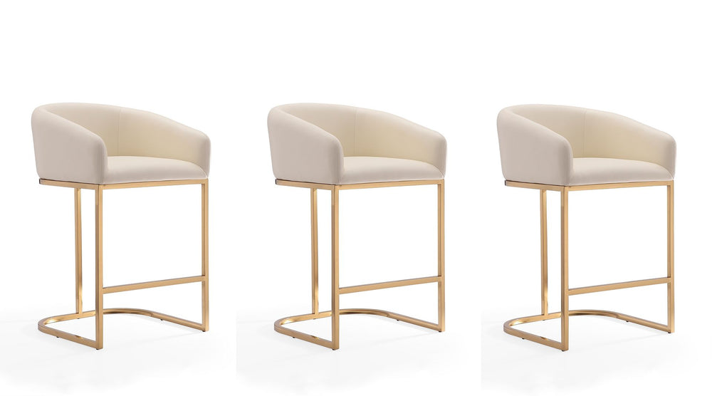 Manhattan Comfort Louvre Mid-Century Modern Counter Stool (Set of 3) Cream and Titanium Gold 3-CS009-CR