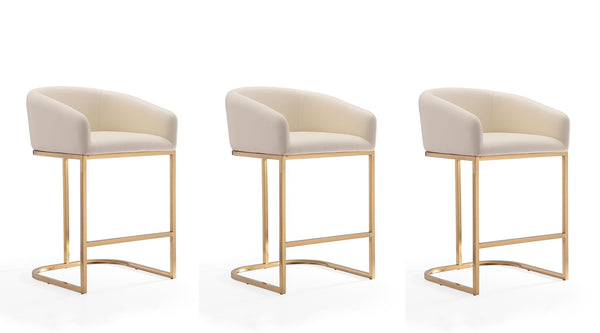 Manhattan Comfort Louvre Mid-Century Modern Counter Stool (Set of 3) Cream and Titanium Gold 3-CS009-CR
