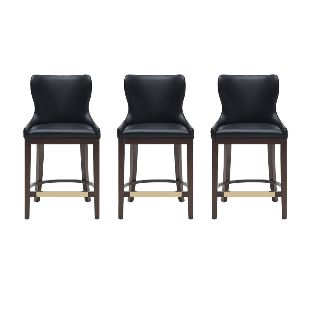 Manhattan Comfort Blair Leatherette Counter Stool Set Of 3 - Stylish Comfort With Beech Wood Legs & Gold Footrest Black Beech Wood 3-cs020-bk