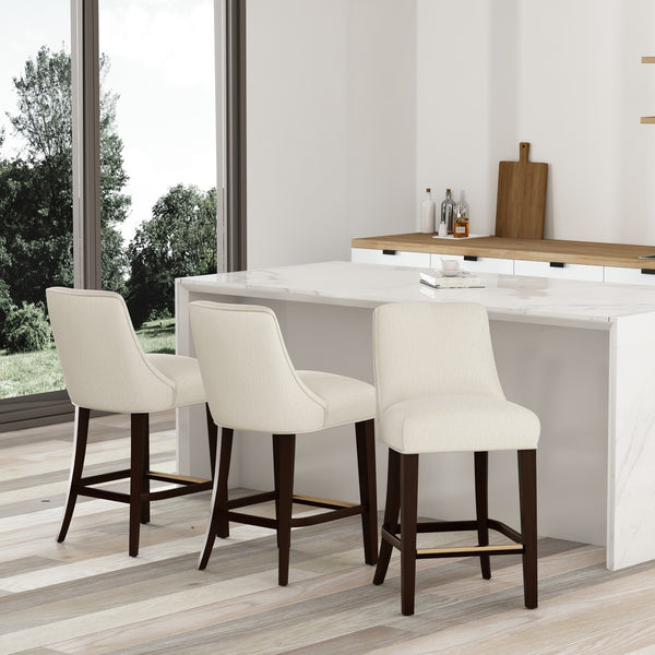 Manhattan Comfort Beever Chenille Counter Stool Set Of 3 - Elegant Mid-century Design With Rubberwood Legs Cream Rubberwood 3-cs024-cr