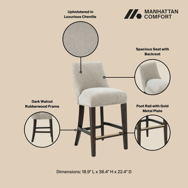 Manhattan Comfort Beever Chenille Counter Stool Set Of 3 - Elegant Mid-century Design With Rubberwood Legs Taupe Rubberwood 3-cs024-tp