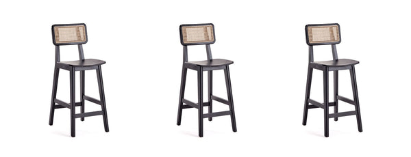 Manhattan Comfort Versailles Industry Chic Counter Stool - Set of 3 Black and Natural Cane 3-CSCA01-BK