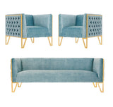 Manhattan Comfort Vector Mid-Century Modern 3 Piece - Sofa and Arm Chair Set Ocean Blue and Gold 3-SS548-OB