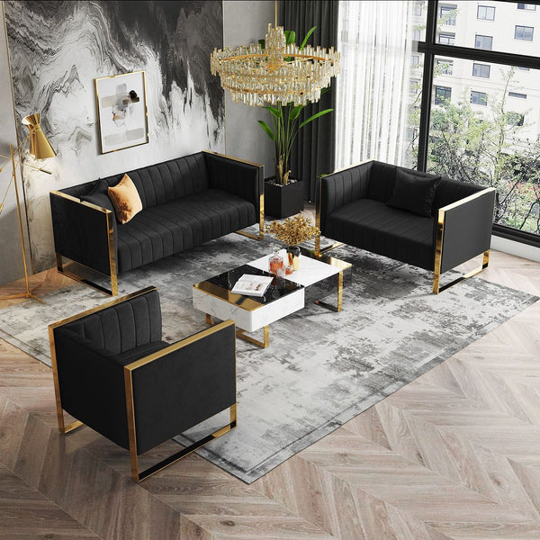Manhattan Comfort Trillium Mid-Century Modern 3 Piece - Sofa, Loveseat and Armchair Set Black and Gold 3-SS559-BK