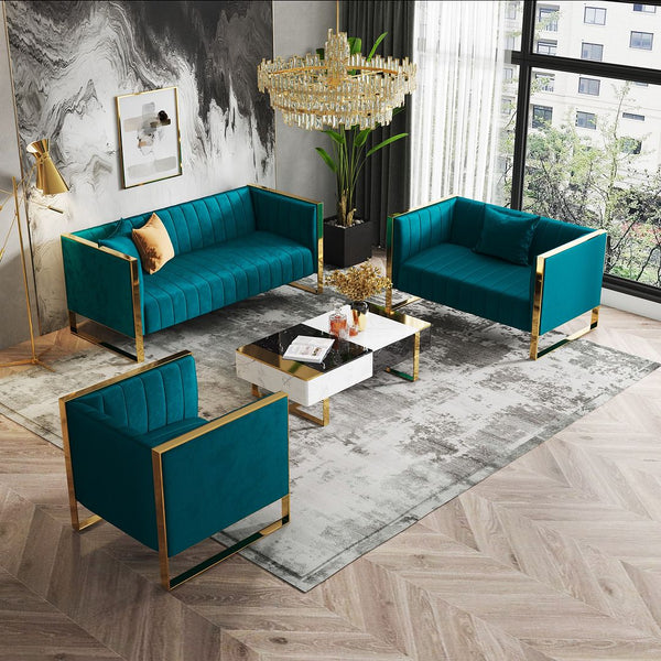 Manhattan Comfort Trillium Mid-Century Modern 3 Piece - Sofa, Loveseat and Armchair Set Teal and Gold 3-SS559-TL