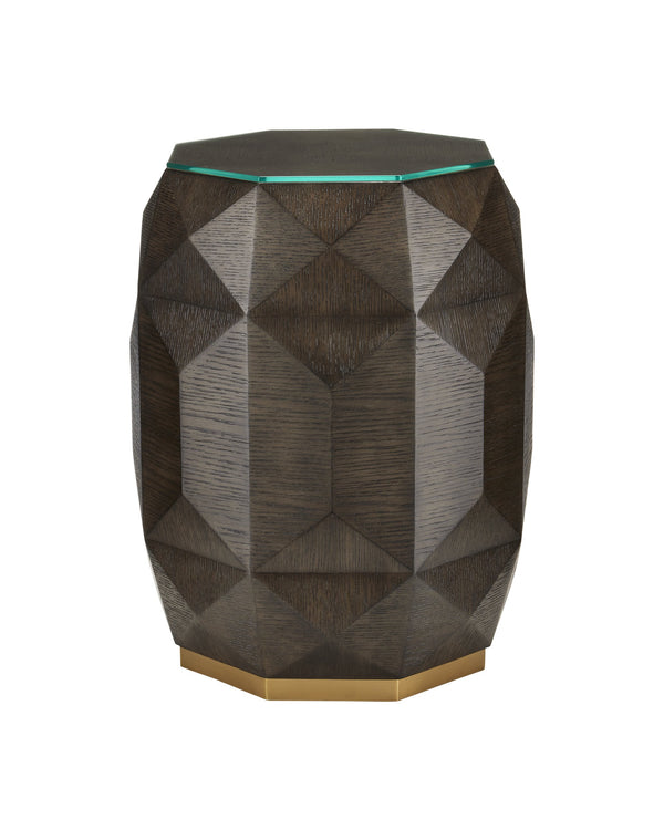 Currey & Company Kendall Octagonal Oak Accent Table with Wire-Brushed Gray Finish and Brass Plinth Base 3000-0224
