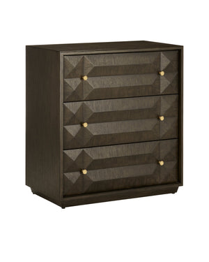 Currey & Company Kendall Oak Chest with Faceted Drawer Fronts Wire-Brushed Gray Finish Brass Pulls 3000-0226