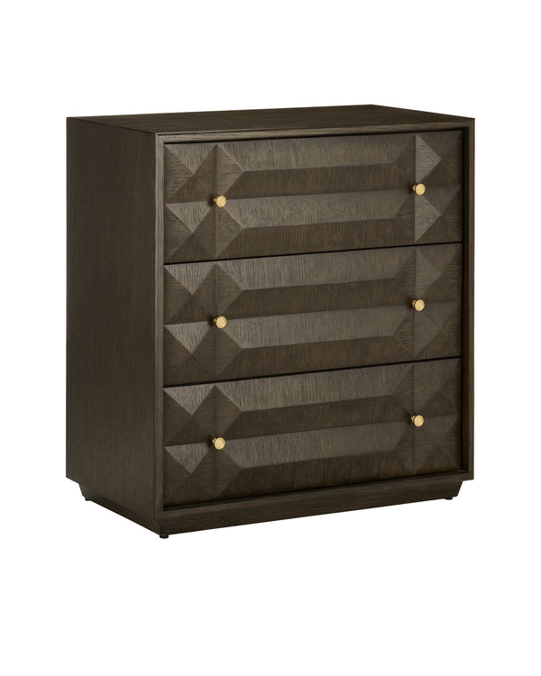 Currey & Company Kendall Oak Chest with Faceted Drawer Fronts Wire-Brushed Gray Finish Brass Pulls 3000-0226