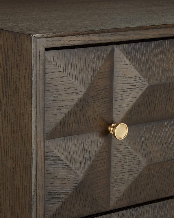 Currey & Company Kendall Oak Chest with Faceted Drawer Fronts Wire-Brushed Gray Finish Brass Pulls 3000-0226