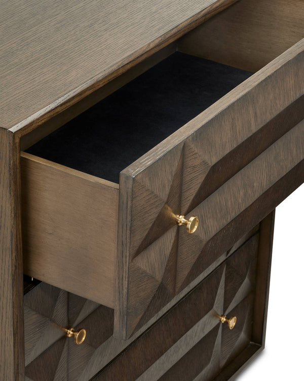 Currey & Company Kendall Oak Chest with Faceted Drawer Fronts Wire-Brushed Gray Finish Brass Pulls 3000-0226