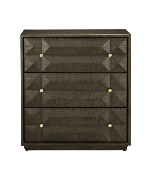 Currey & Company Kendall Oak Chest with Faceted Drawer Fronts Wire-Brushed Gray Finish Brass Pulls 3000-0226