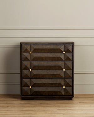 Currey & Company Kendall Oak Chest with Faceted Drawer Fronts Wire-Brushed Gray Finish Brass Pulls 3000-0226