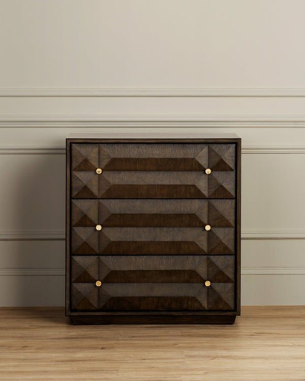 Currey & Company Kendall Oak Chest with Faceted Drawer Fronts Wire-Brushed Gray Finish Brass Pulls 3000-0226