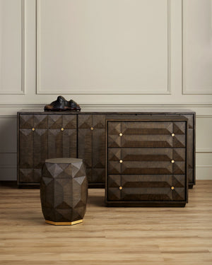 Currey & Company Kendall Oak Chest with Faceted Drawer Fronts Wire-Brushed Gray Finish Brass Pulls 3000-0226