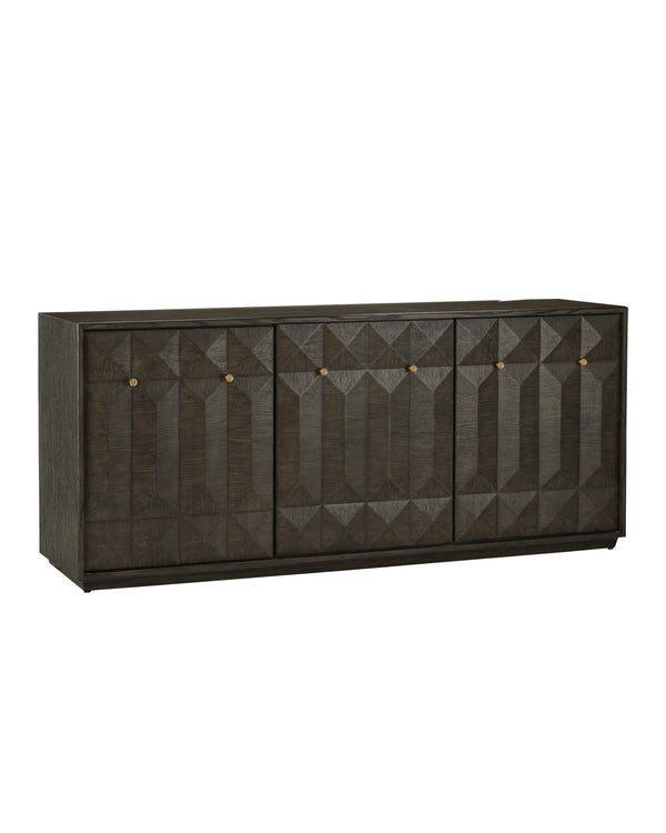 Currey & Company Kendall Sculptural Oak Credenza with Faceted Doors and Polished Brass Hardware 3000-0227