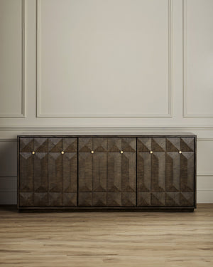 Currey & Company Kendall Sculptural Oak Credenza with Faceted Doors and Polished Brass Hardware 3000-0227