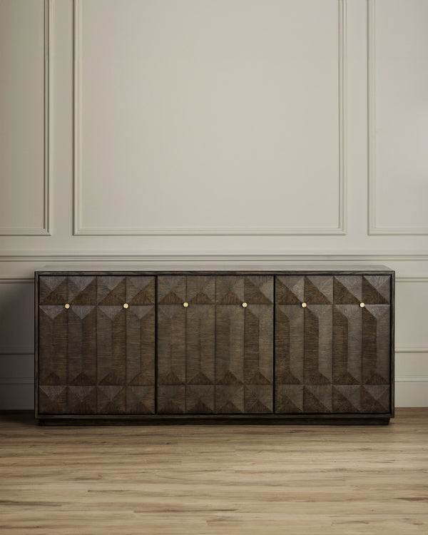 Currey & Company Kendall Sculptural Oak Credenza with Faceted Doors and Polished Brass Hardware 3000-0227
