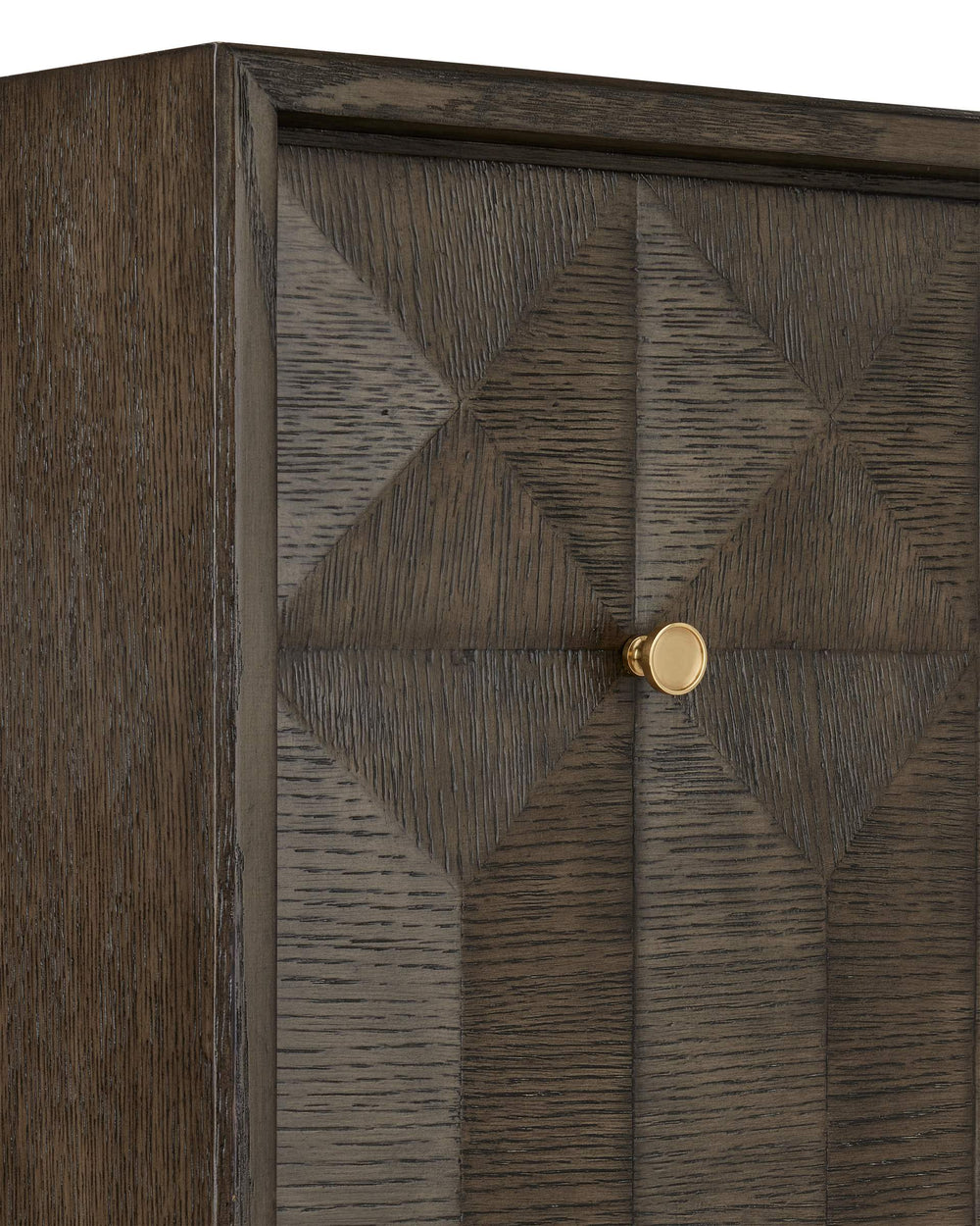Currey & Company Kendall Sculptural Oak Credenza with Faceted Doors and Polished Brass Hardware 3000-0227