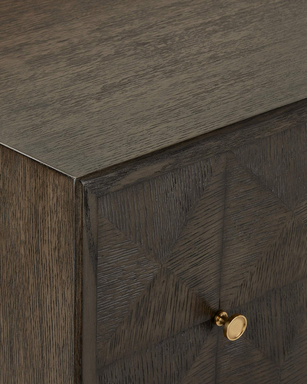 Currey & Company Kendall Sculptural Oak Credenza with Faceted Doors and Polished Brass Hardware 3000-0227