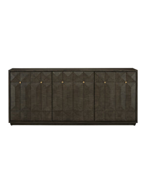 Currey & Company Kendall Sculptural Oak Credenza with Faceted Doors and Polished Brass Hardware 3000-0227